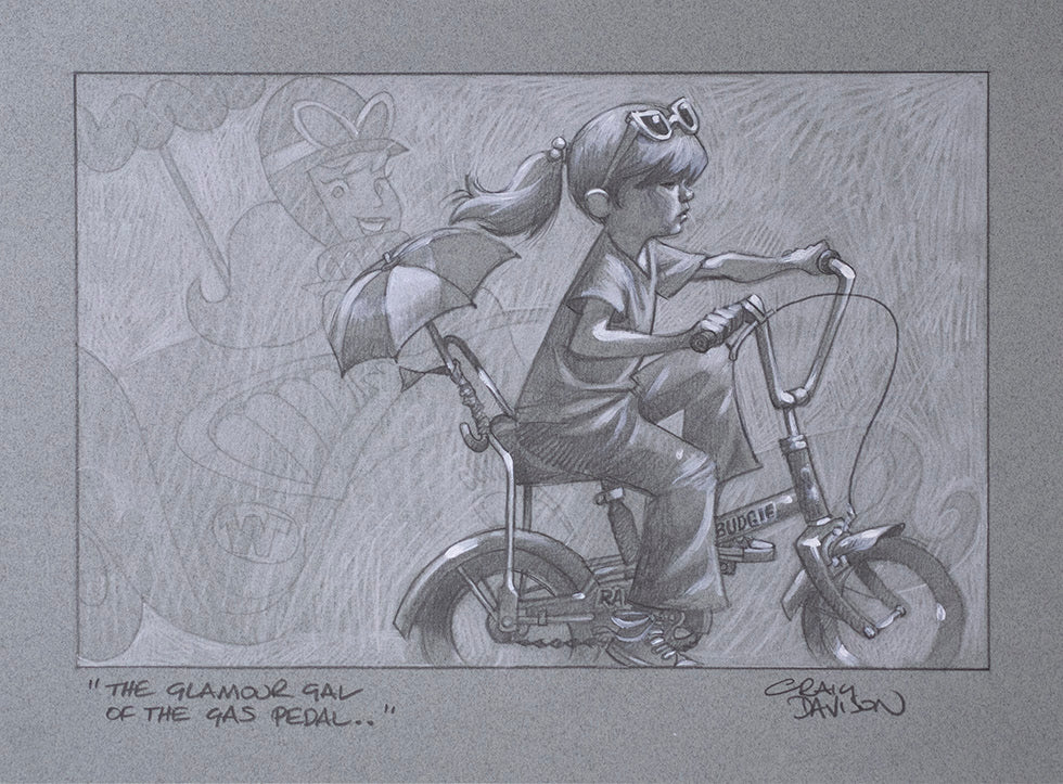 The glamour girl of the gas pedal sketch mounted print by artist Craig Davison